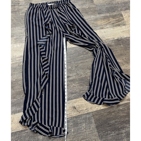 Green Envelope Women's Blue Striped Ruffle Wide-Leg Casual Pants Trouser Size M - Picture 11 of 12
